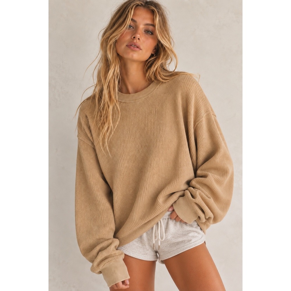 Abercrombie Fitch Tan Waffle Knit Thermal Crop Oversized Top L/XL Casual Cozy